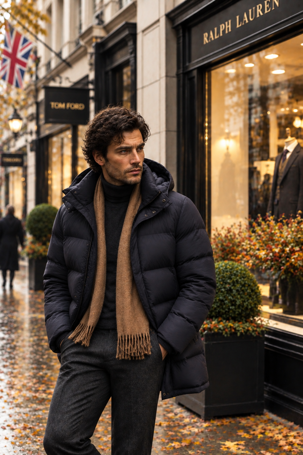 Man wearing a padded jacket on a city street
